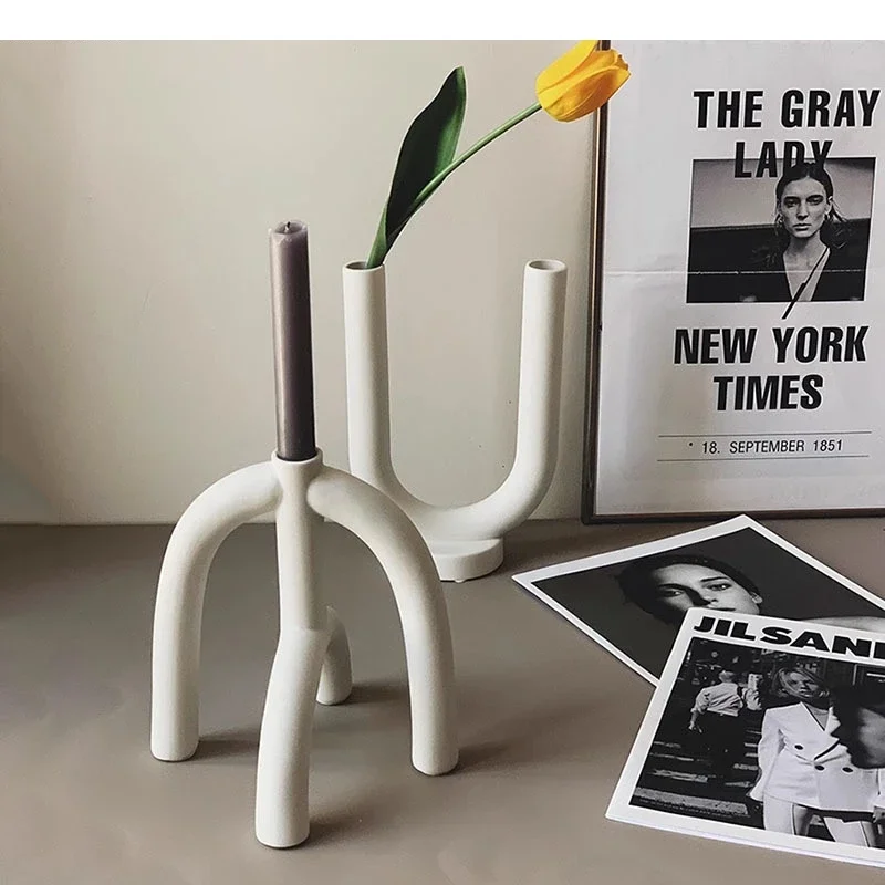 Pure White Geometric Ceramic Candle Holder Desktop Decorative Art Ornament Candlestick Home Decoration