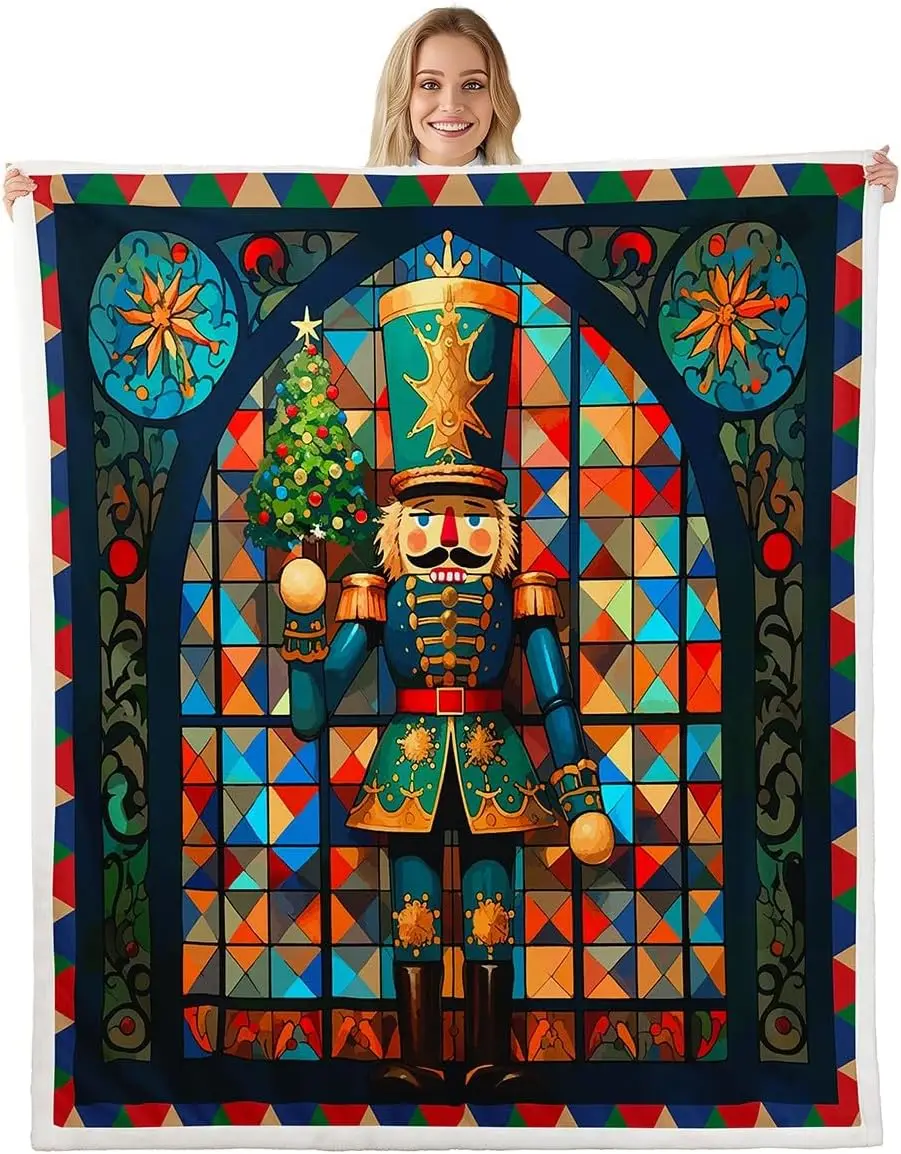 Christmas Nutcracker Fleece Blanket for Sofa, Glass Style Sherpa Blanket , Soldier Royal Fuzzy Plush Throw Baroque Art Colorful