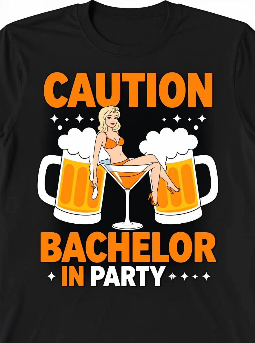 

Men's Bachelor Party T-Shirt - "Caution" Beer Mugs Print 100% Polyester Groom/Groomsmen Tee