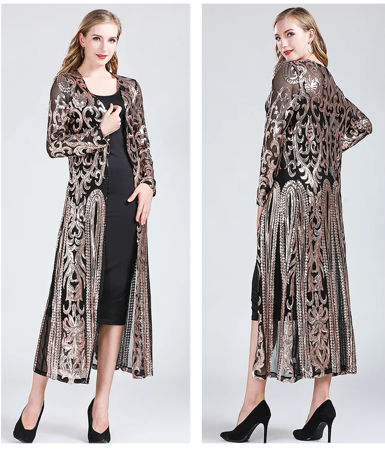 

customized women's new adult long sleeved retro fashionable long coat sequined lace temperament slim fit draped over a shawl