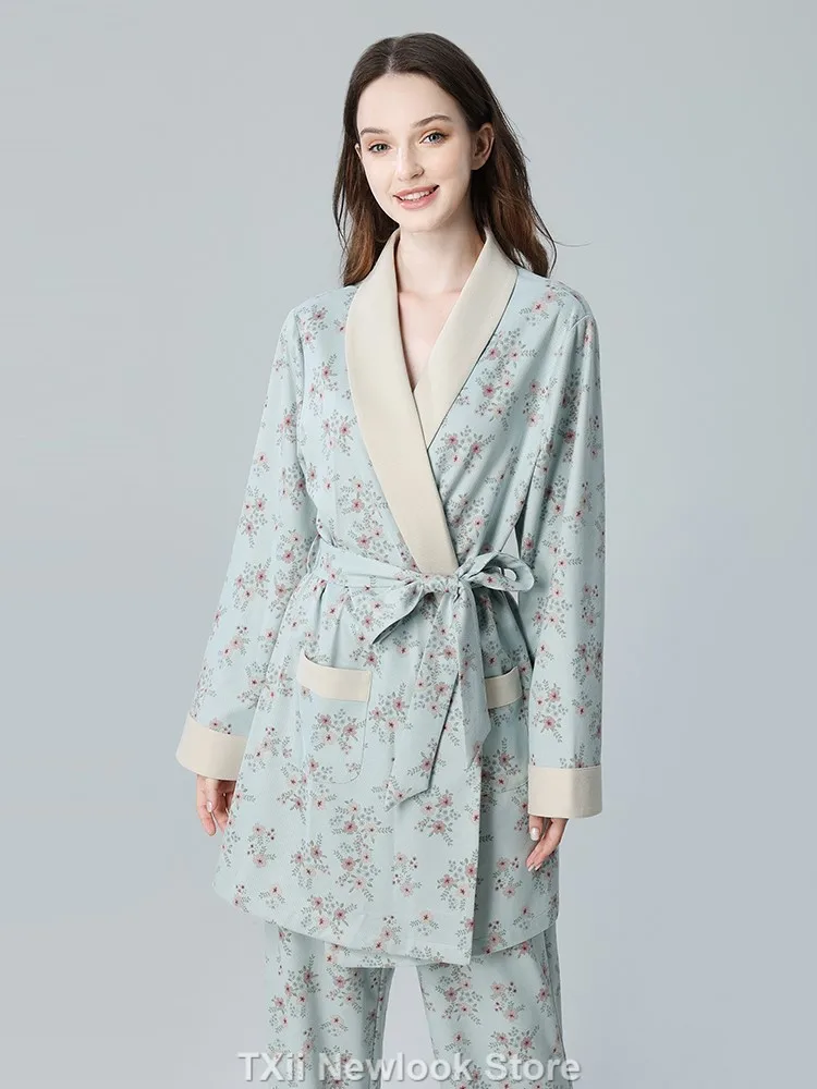 Spring and Autumn Silk Women's Two-piece Set Belt Soft Jacquard Elegant Long-sleeved Pajamas Women's Outer Wear Home Clothes