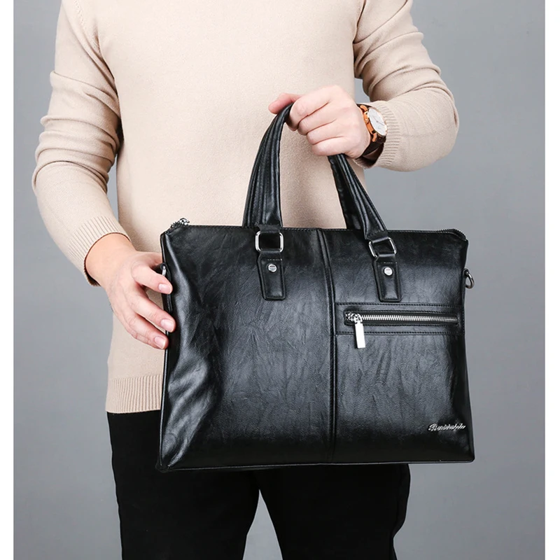 กระเป๋าเอกสารหนัง PU สำหรับผู้ชาย กระเป๋าถือธุรกิจ กระเป๋าสะพายข้างใส่แล็ปท็อป ทรงสี่เหลี่ยม พกพาสะดวก กระเป๋าถือแบบสะพายข้าง
