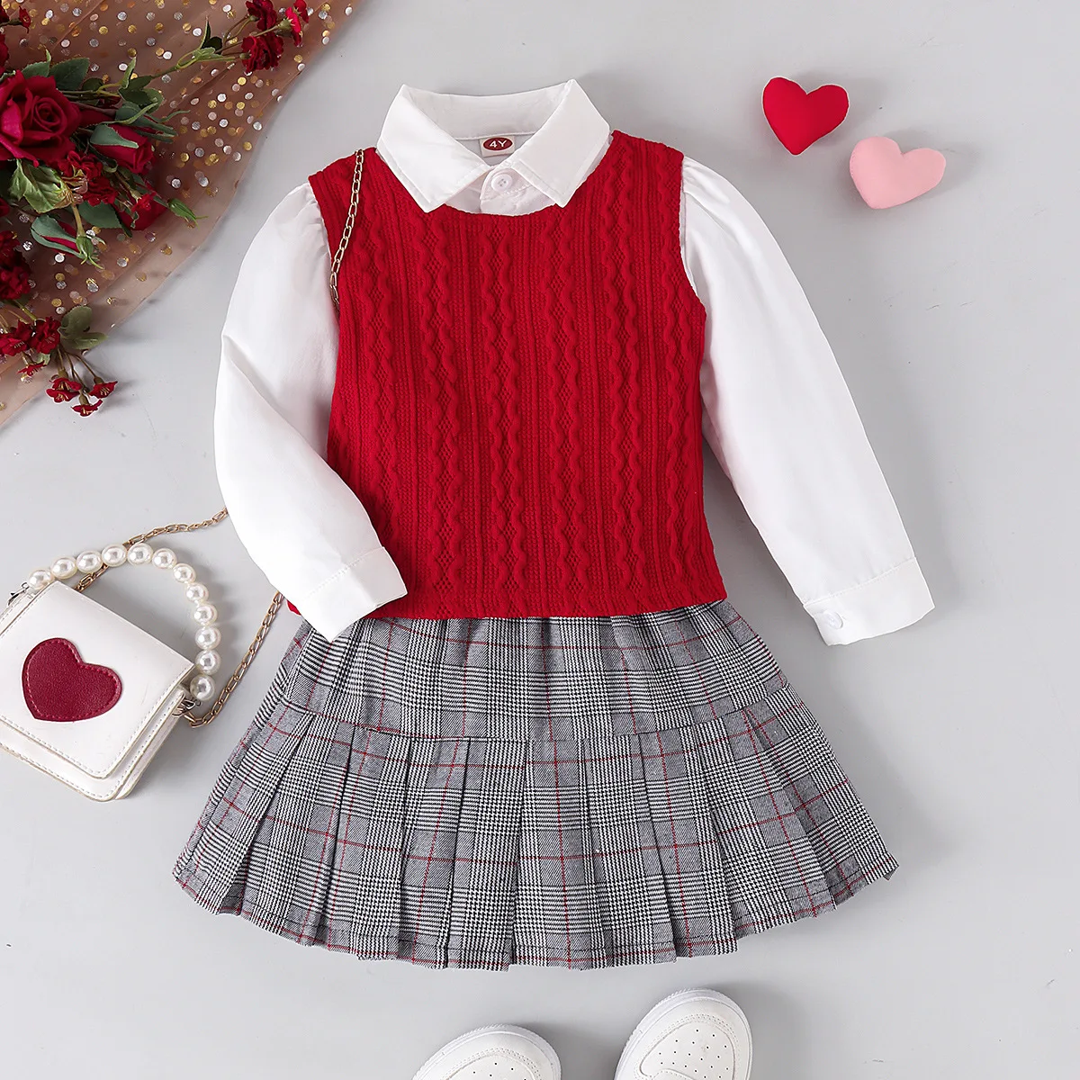 Euro-America Style Girls Suits New Knitted Sweaters Vests Long Sleeve Shirts Plaid Short Skirts College Style Three Piece Set