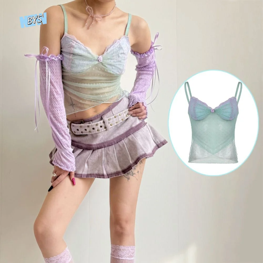 

Fashion Spicy Girl Style Mesh Camisole Slim Fit Streetwear Dots Hollow Vest Cross Hem Transparent Tube Tops Beach