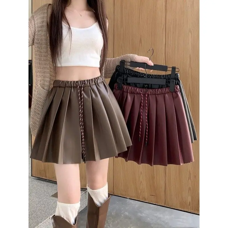 Drawstring PU Leather Mini Pleated Skirt Fashion Elastic High Waist Autumn Retro Vintage Rock Punk Harajuku Dance Party Skirts