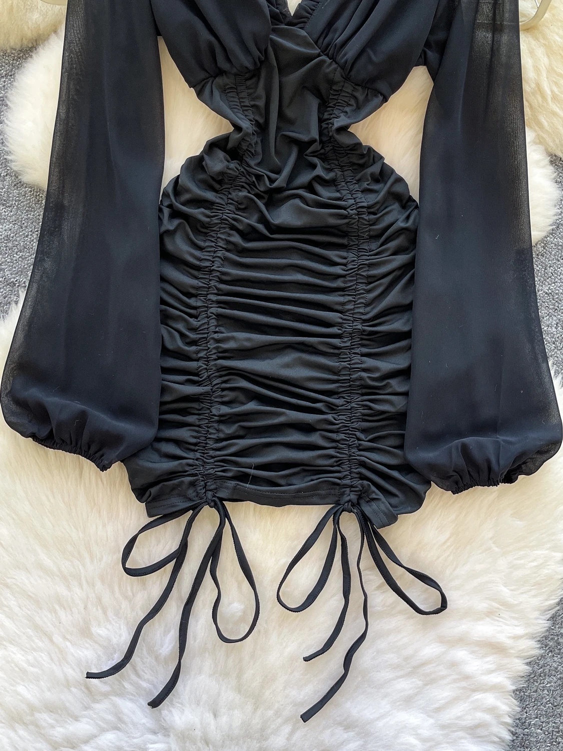 Ele Bla V-ne Long Sve ahueca hacia fuera la cintura fruncida que adelgaza el viaje Dr French Sle cintura alta fibra de poliéster