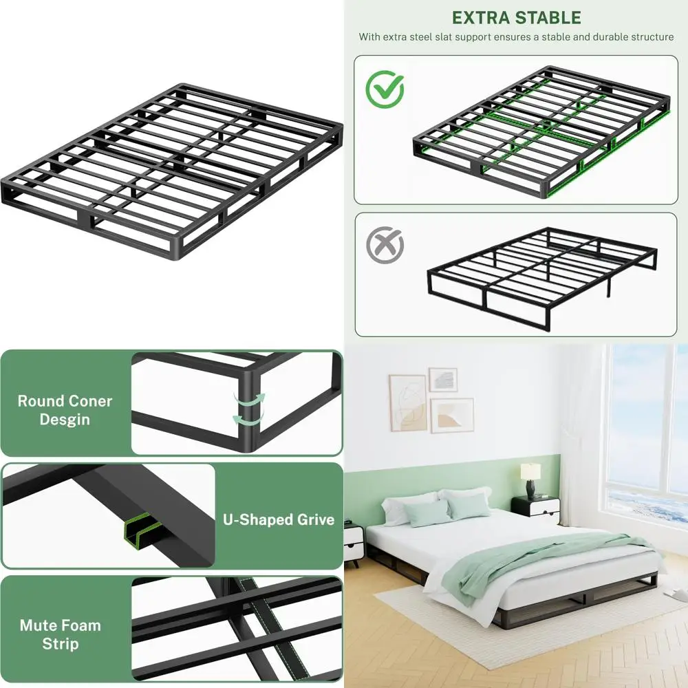 Cadre de lit King en métal de 5 pouces, coin rond, plate-forme basse, 3000 LBS, lattes en acier robustes, Support de matelas, fond de teint non