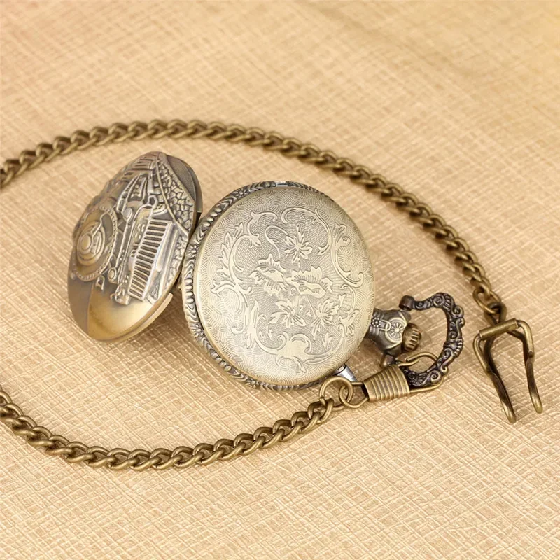 Bronze LED Light Clock Train Locomotive Men Women Quartz Analog Pocket Watch Arabic Numerals Display Pendant Chain Gift