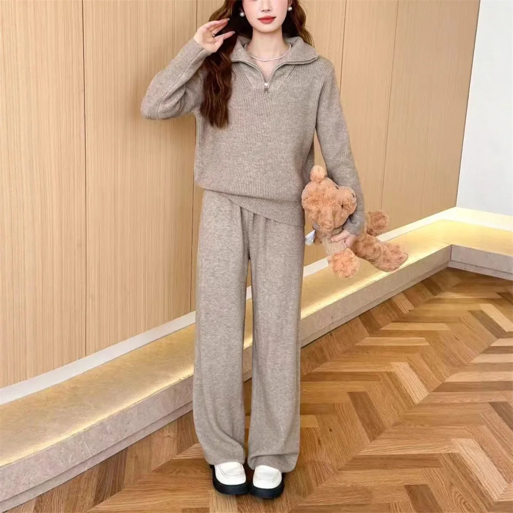 Autumn and Winter New Half Zipper Sweater Set for Women, Fashionable and Casual Knitted Wide Leg Pants, Two Piece Set Pant Sets