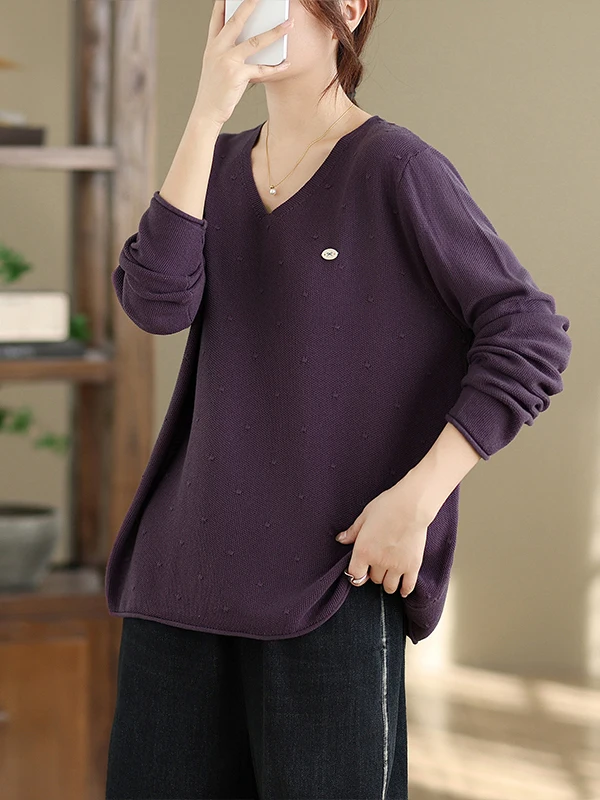 الخريف بسيط كبير الحجم المرأة فضفاض V-Ne محبوك سترة لون نقي التطريز Thiened قاعدة طبقة ملابس خارجية التخسيس #4