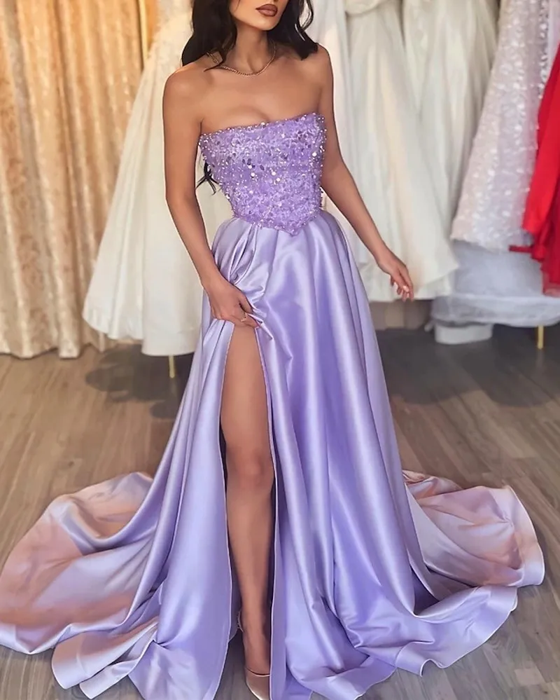 Sparkle Purple Mermaid Evening Formal Dress 2024 Strapless Sequined Silt Satin Women Prom Party Gowns Sexy Robe De Soiree