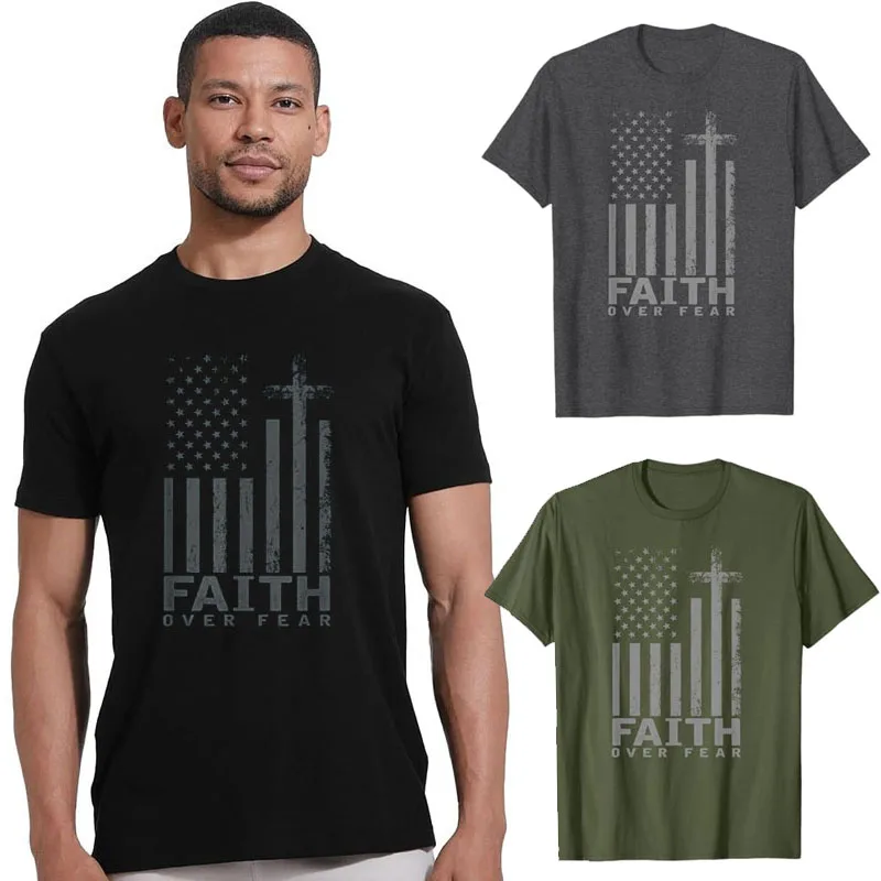 

America Pride US Flag Faith Over Fear Prayer T-Shirt Bible Verse Christian Lover Novelty Gift Idea Y2k Streetwear Saying Tee Top