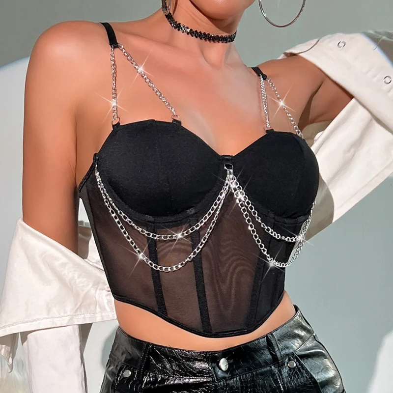 

New Style Sheer Mesh Patchwork Metal Chain Fishbone Short Top