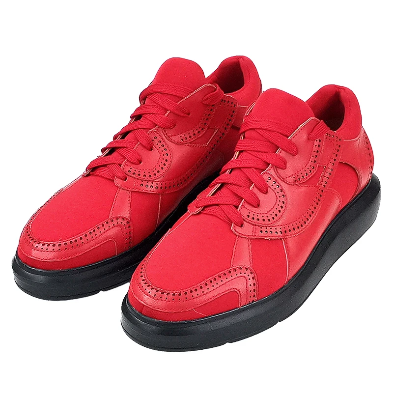 Men Red Mixed‑Material Brogue Sneakers Lace‑Up Wingtip Perforated Carving Thick Sole Retro Hybrid Dress Casual Walking Shoes