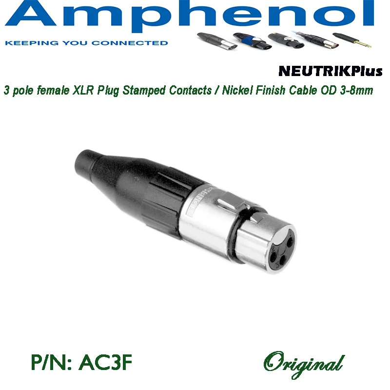 Original Amphenol Audio 3 pole XLR AC series AC3F and AC3M plug with cable OD 3mm – 8mm bag package silver and standard plating