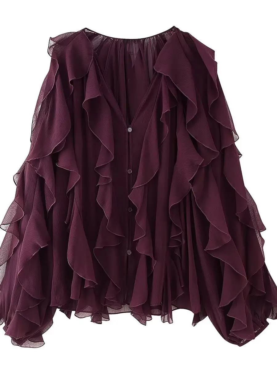 เสื้อเชิ้ตผู้หญิง Zar Sle แบบลำลอง ผ้าชีฟองบางเบา คอวี แต่งระบายหลายชั้น ดีไซน์เรียบง่าย เหมาะสำหรับใส่ไปทำงาน แฟชั่นแขนยาว