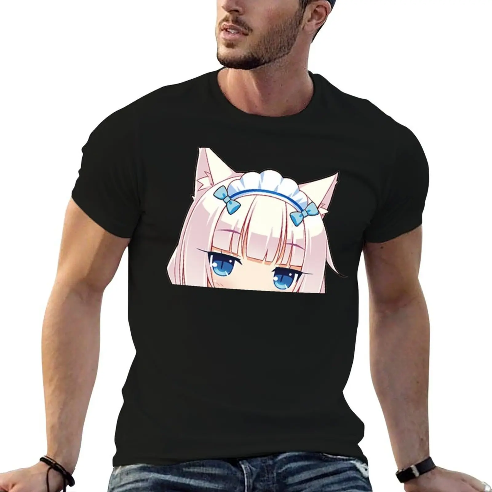 Neko maid peeker - vanilla girl peeking nekopara Sticker T-Shirt Basic Regular Fit Casual T-Shirt