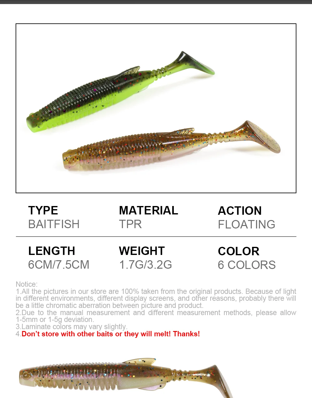 Palisander TPR Schwimmender Shad-Köder, 6 cm, 7,5 cm, Paddel, T-Schwanz, weicher Angelköder, Swimbait, künstlicher Gummi, Fischbarsch, Forelle, Hechtbarsch – Detail 2