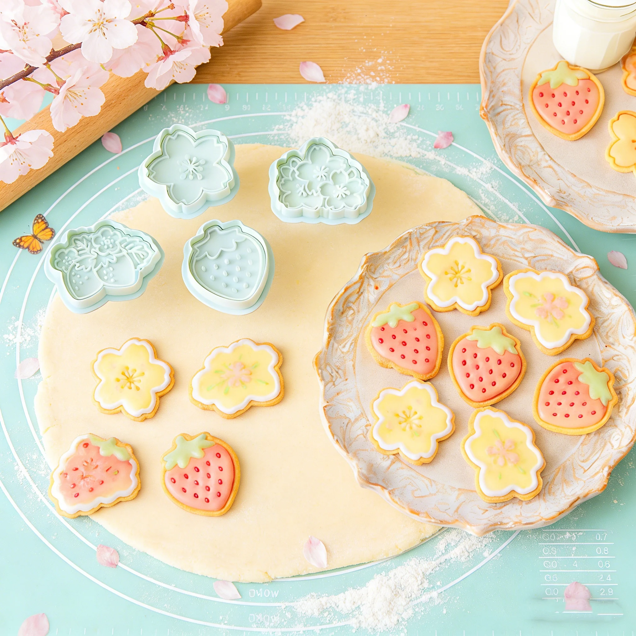 4Pcs Flowers Strawberries Cookies Cutters Plastic Cartoon Pastry molds Confectionery Cookie Stamp Baby Biscuit Baking supplies