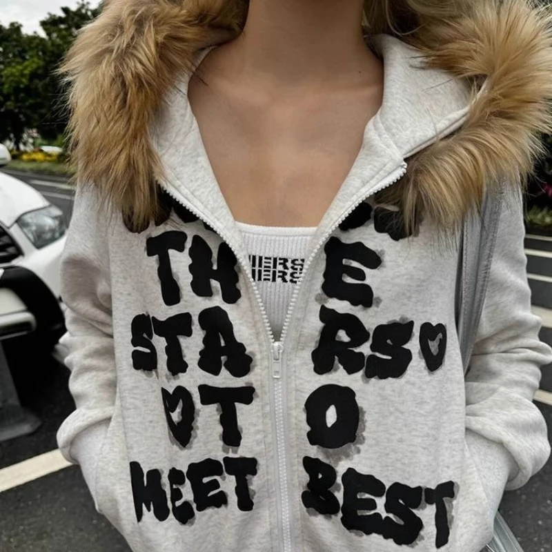 

American Vintage Outwear Zipper Letter Pattern Long Sleeve Pure Color Fashion Pocket Subculture Hooded Faux Fur Woamn Autumn