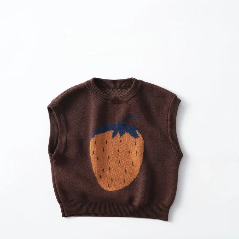

New Children Knitted Coffee Brown Vest with Autumn Cartoon Fruit Pattern Sleeveless Sweater Top for 1-6 Years Old Kids