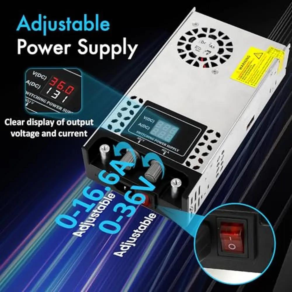 Adjustable 0-36V 16.6A 600W Buck Converter Power Supply with LCD Display AC to DC 110V Intelligent Cooling LED Digital Display