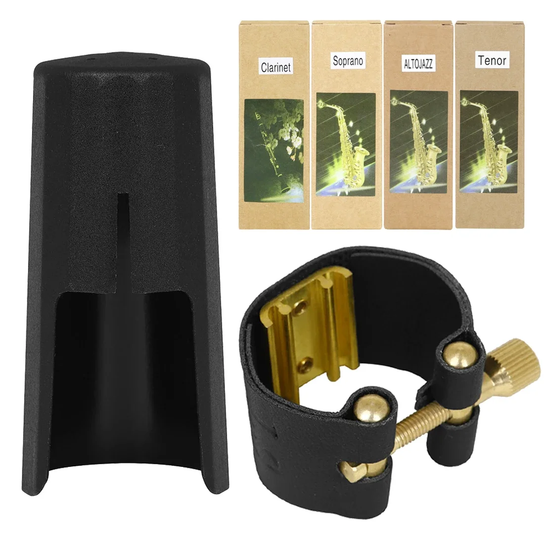 Description Picture 2 of itemAlto Soprano Tenor Saxophone Clarinet Mouthpiece Ligature And Cap Sax Leather Buckle Clamp Clip Woodwind Musical Instrument Part
