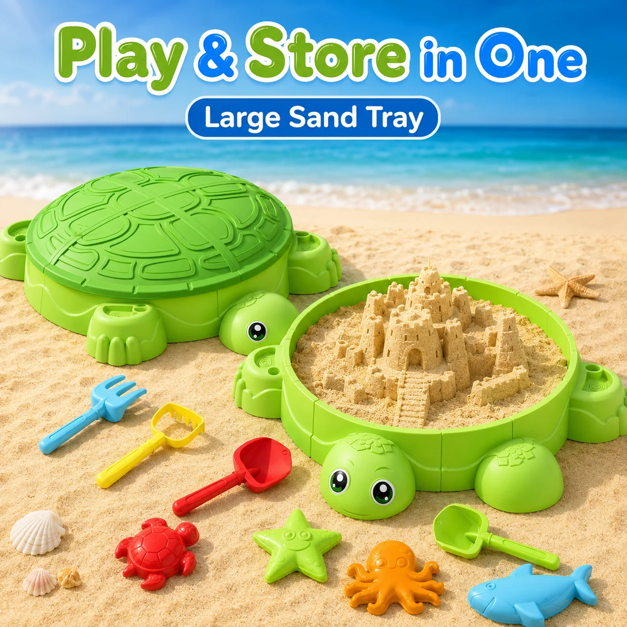 set-da-spiaggia-per-bambini-mquduo-scatola-per-sabbia-a-forma-di-tartaruga-con-coperchio-e-vano-portaoggetti-pale-rastrello-e-stampi-di-animali-marini
