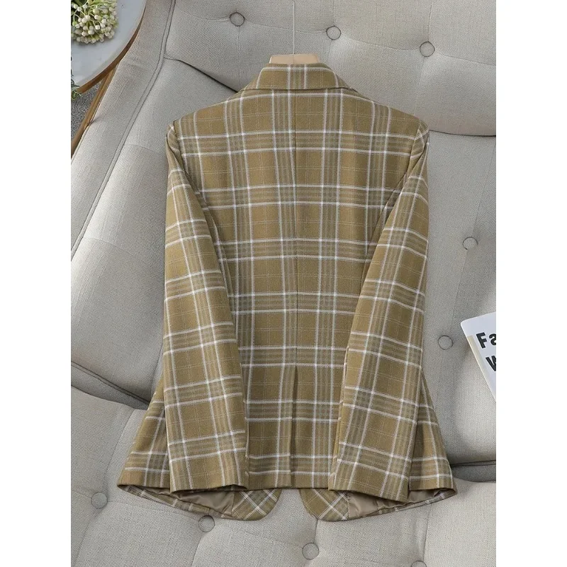 Fashion Women's Blazer Ladies Jacket Khaki Coffee Green Plaid Long Sleeve Female Business Work Wear Formal Coat With Pocket