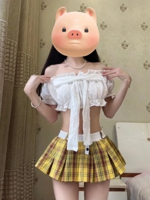 

Sexy Low Waist Plaid Skirt And Bubble Sleeve One Shoulder Top Women's Fashion Set American Retro Spicy Girl Style Summer...