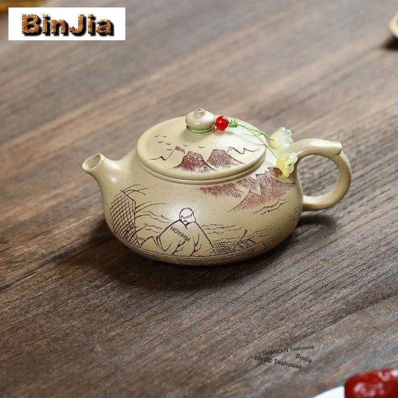 

170ml Elegant Yixing Purple Clay Teapots Handmade Han Jiang Pot Raw Ore Motoyama Green Mud Kettle Chinese Zisha Tea Set Craft