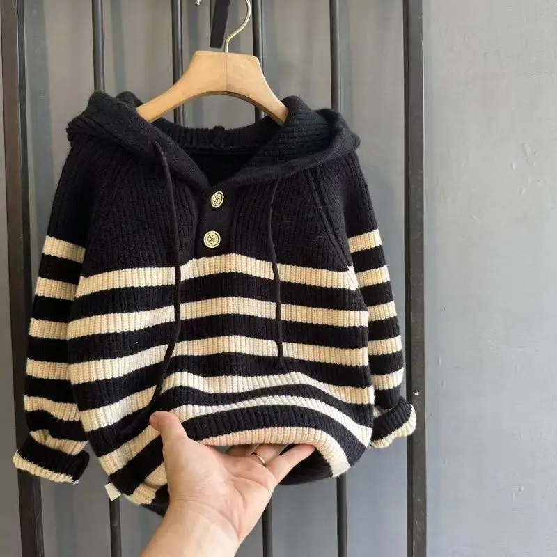 Hooded Sweater Knitwear For Kids Boys Girls 3-9 Years  Autumn Winter Fashion Children Striped Long-Sleeved Casual Clothes