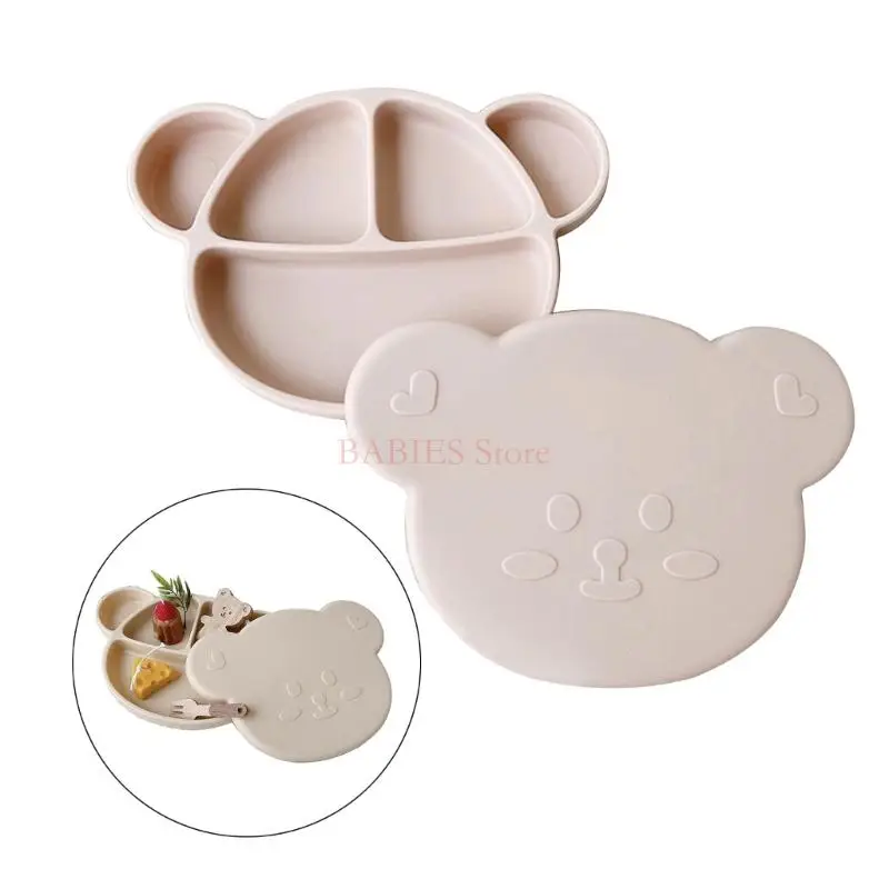 

C9GB Baby Feeding Plate Suction Cup Dinning Tray with Lid Lovely Cartoon Bear Designed Toddlers Cutlery Children's Tableware