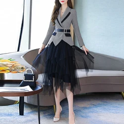 New Korean Plaid Belt Blazer Suit Jacket High Elastic Waist Mesh Asymmetrical Pleated Mid Skirt Set Two Piece Female Spring Fall