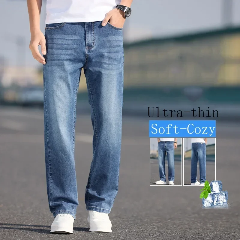 

Pop New Men's Loose Jeans Casual Thin Spring Summer Fashion Korean Straight Trousers Streetwear Male Light Blue Denim Pants