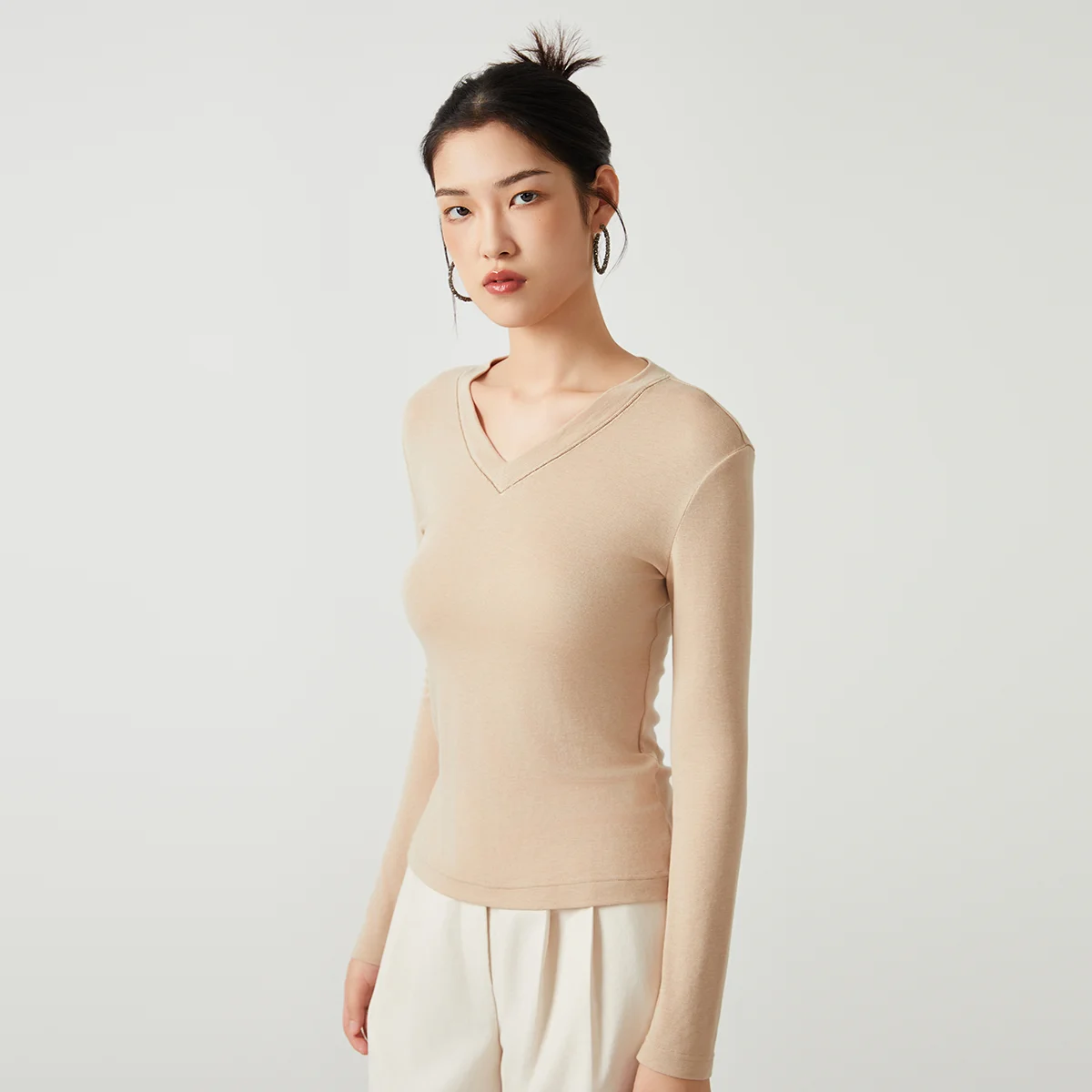 K2632X encel wool base layer shirt V neck long sleeve thin t-shirt high quality Clothes for women