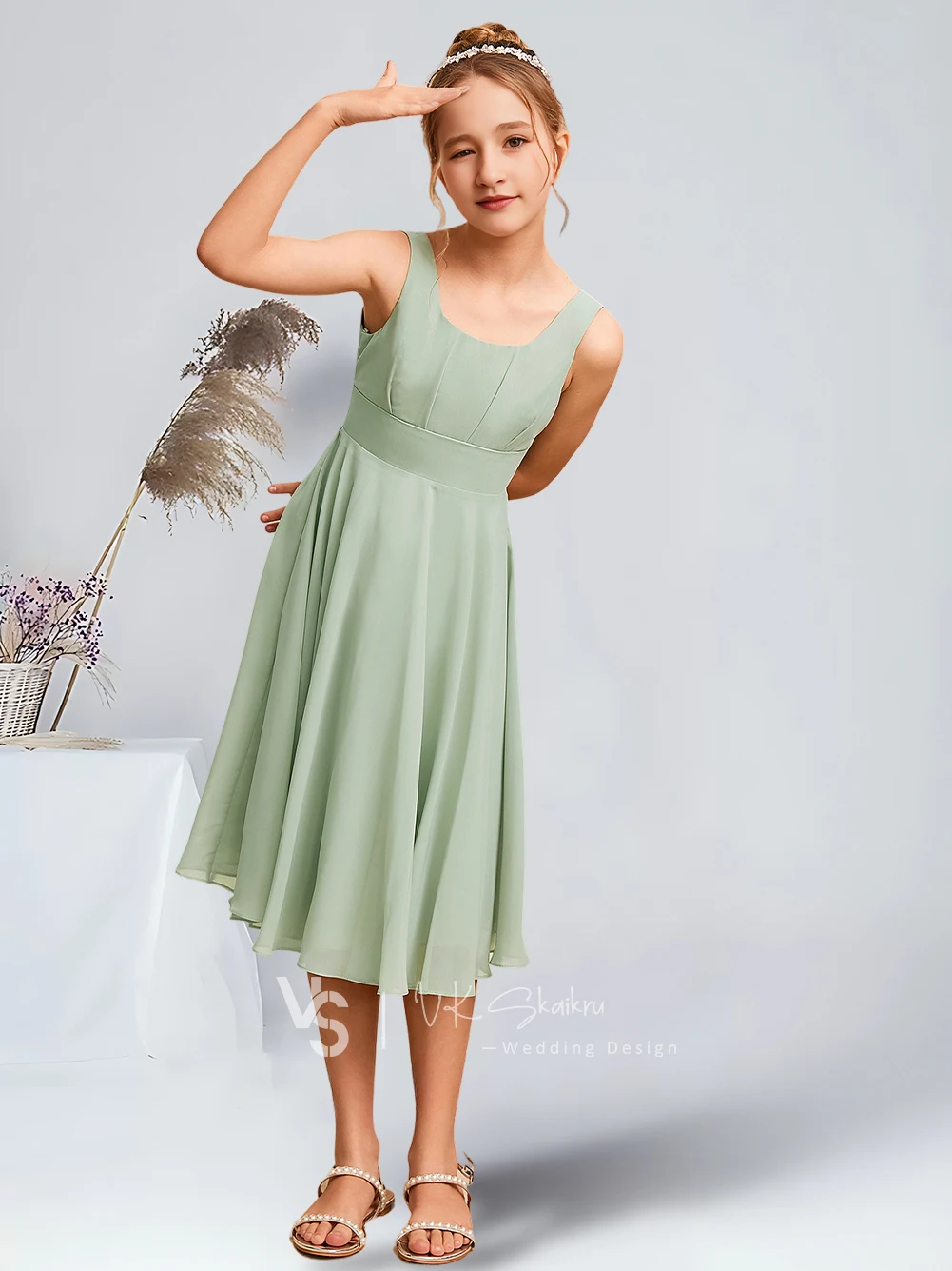 Elegant A-Line Square Knee-Length Chiffon Junior Bridesmaid Dresses Celadon Charming Flower Girl Dresses Party Wedding Kids