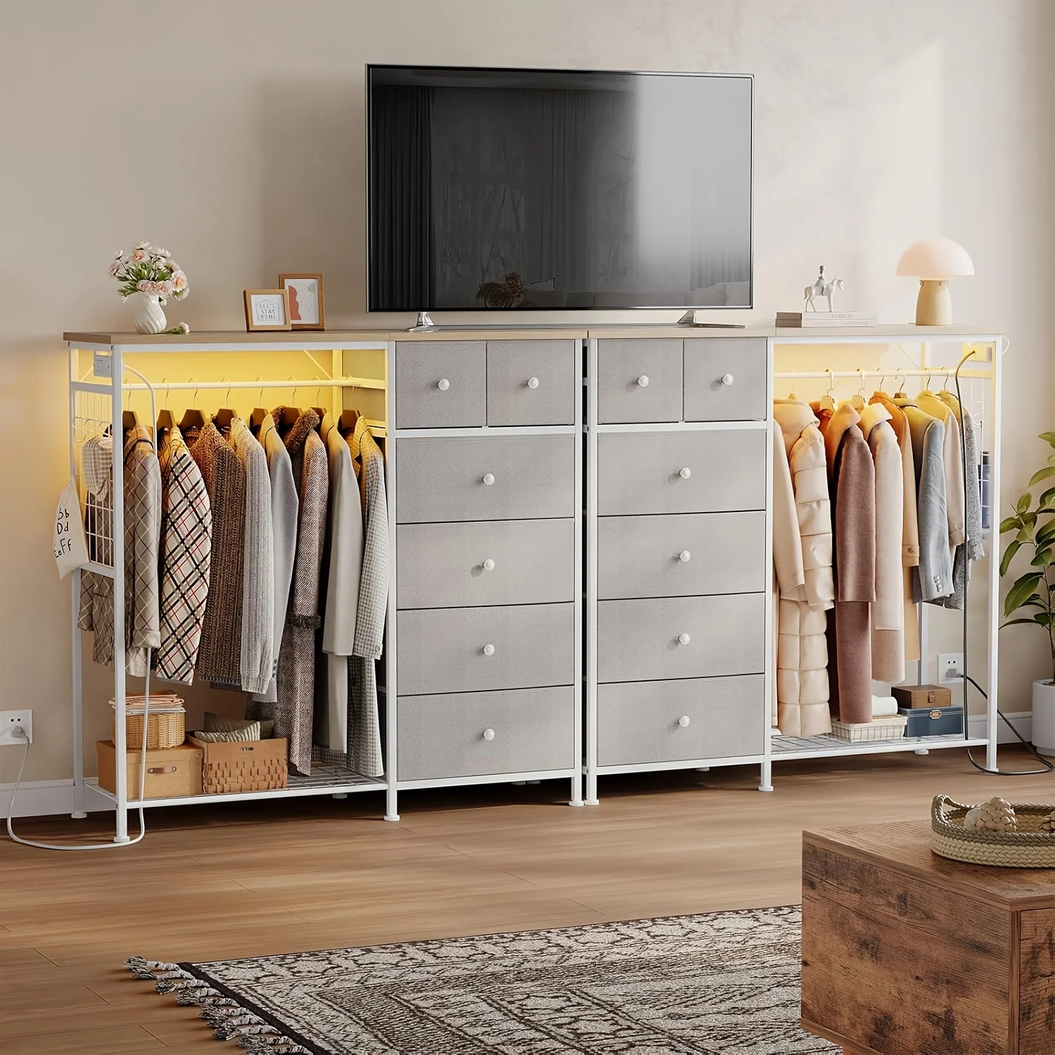 Portable Closets Dresser with Hanging Rack & Charging Station - 6-Drawer Freestanding Wardrobe Suitable for Bedroom,Space-Saving