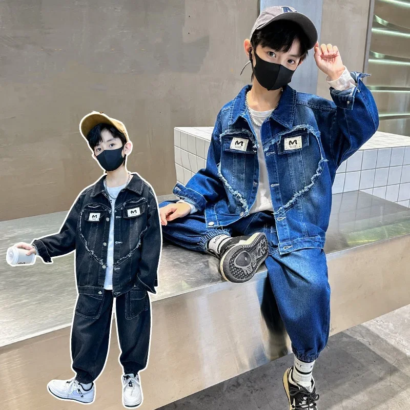 Boys Coat +Pants Kids Suits Cotton 2PCS/Set 2024 Cool Jean Spring Autumn Cotton Sport Teenagers Children Clothing