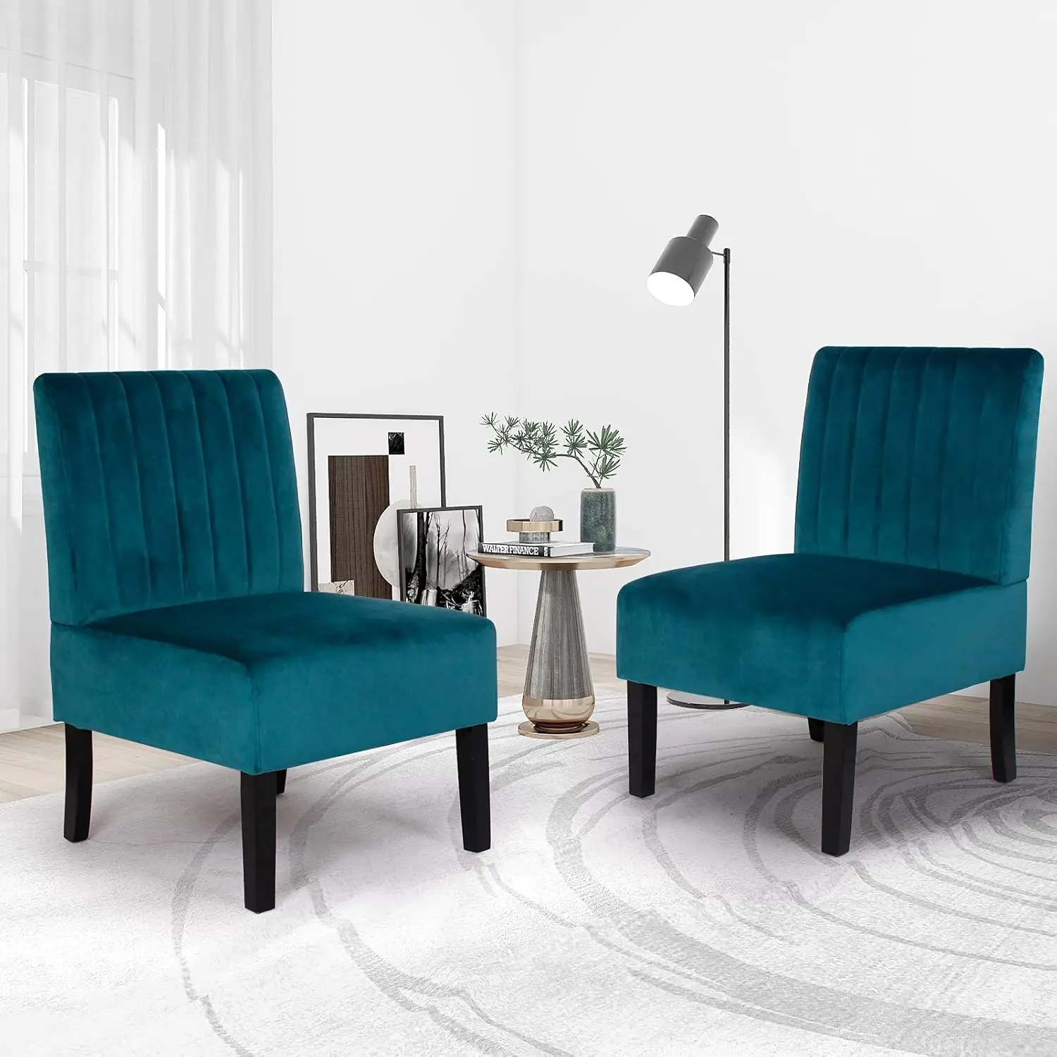 Decorative Slipper Chairs for Bedroom and Living Room, Velvet Material, White and Blue, Set of 2