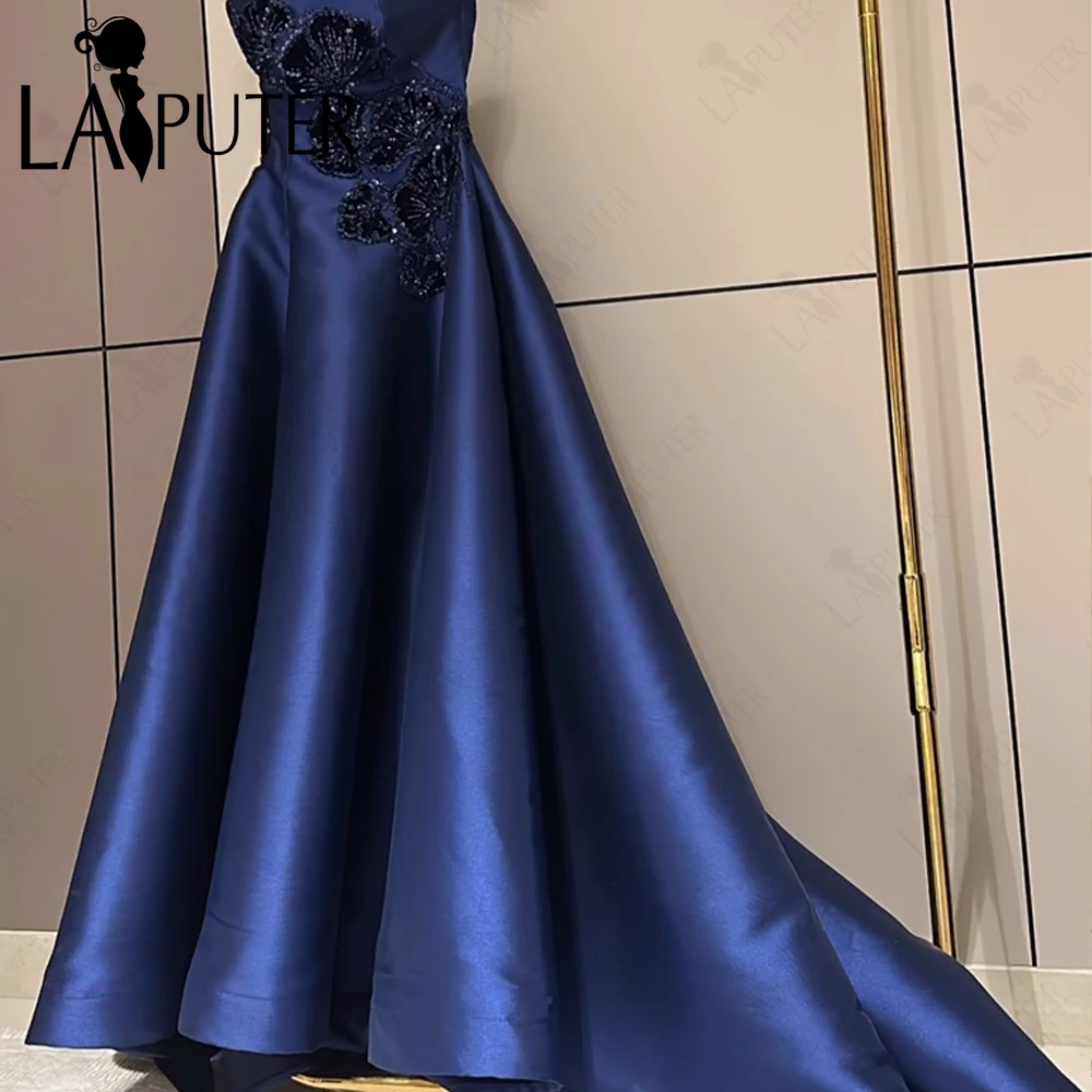 Navy Satin Long Prom Dresses Black Beaded Leaf Floral A line Strapless Neck Evening Dress Box Pleat Celebrity Party Gown 2024