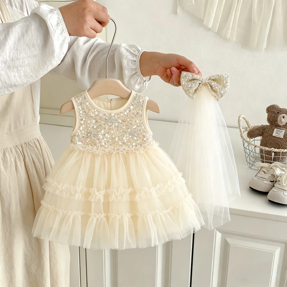 Baby-Kleid Sommer Pailletten-Netz Prinzessinnenkleid für Babymädchen Niedliches Hochzeits-Blumenmädchenkleid Baby-Mädchen-Bekleidung ﻿