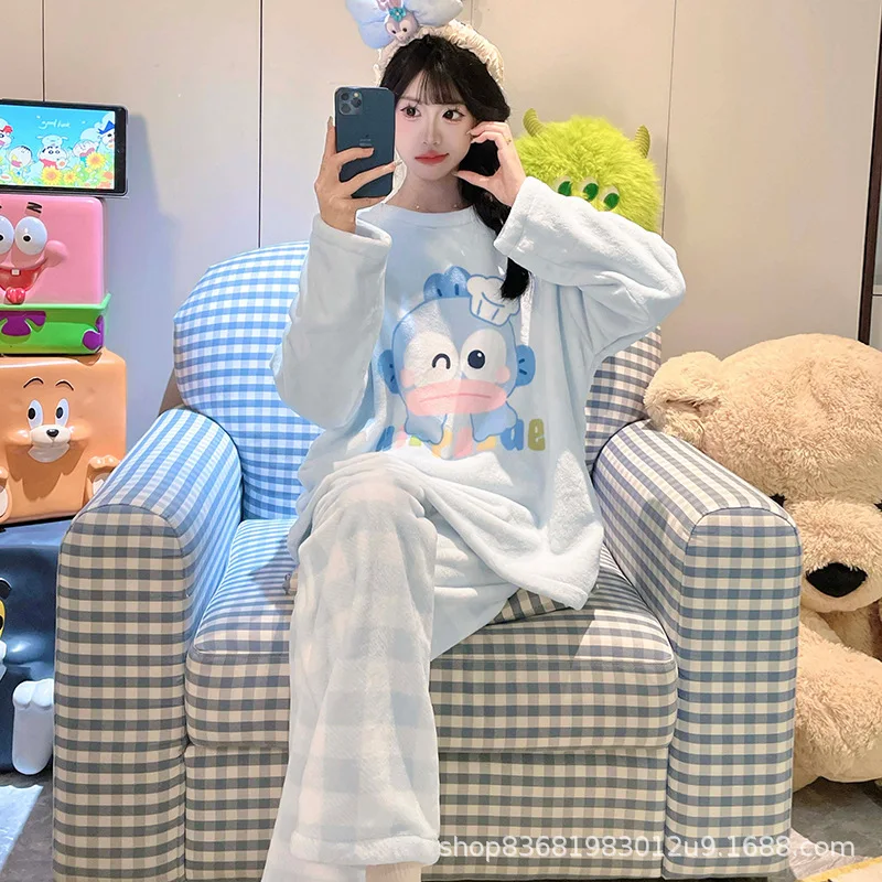 

Student Chiikawa Anime Sleepwear Women Autumn Winter New Cartoon Cute Thick Warm Home Suit Set Korean Version Loose Casual Wear