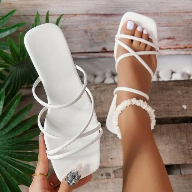 Women's Flat Sandals Open Square Toe Slip on Slides Criss-Cross Strappy Leather-Look Upper Casual Daily Outdoor Walking Footwear
