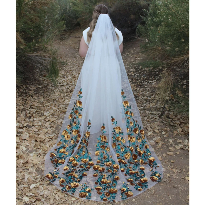 Veli da sposa floreali con paillettes scintillanti con pettine cattedrale lungo bianco avorio tulle foglie verdi fiori dorati stellati unici