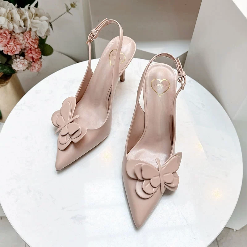2025 Spring/Summer New High end Butterfly Decorative Pointed Shoes with Empty Lace at the Back, Elegant Stiletto Heels, Sandals