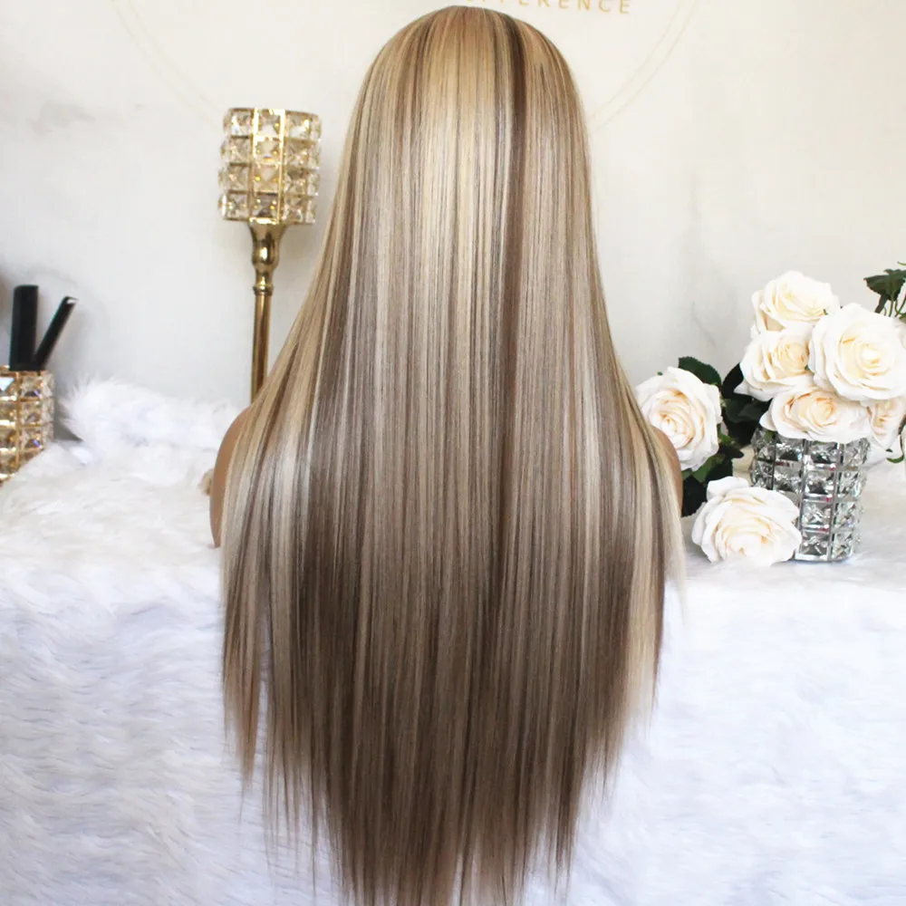 Peruca dianteira do laço loura, Cabelo sintético Ombre, Fecho Base de seda, Parte do meio, Cabelo longo do destaque reto