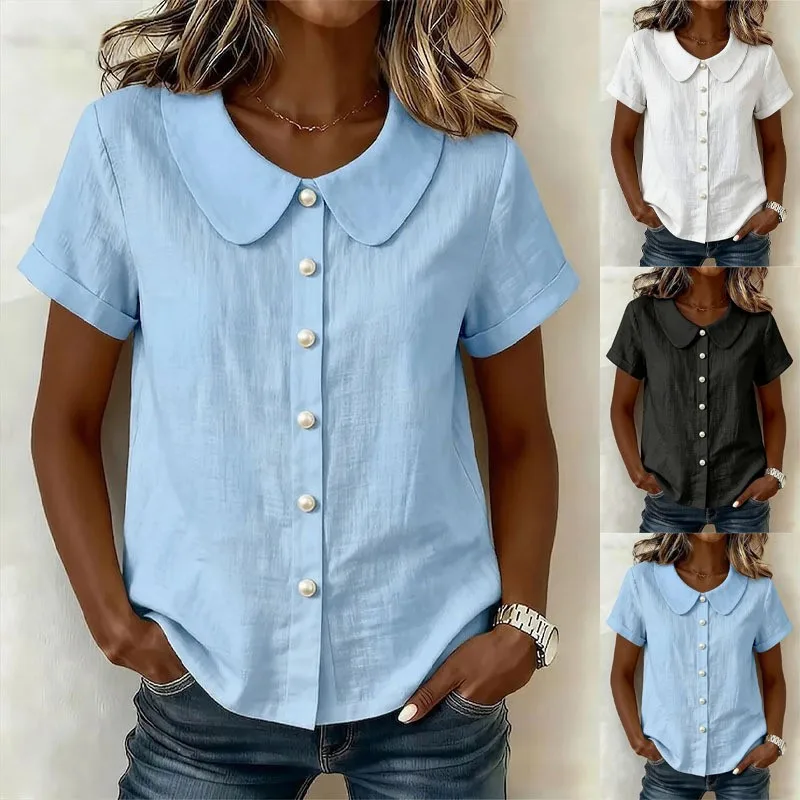 

Women Blouse Solid Color Light Blue Short Sleeve Blouses Loose Fit Front Pearl Button Up Shirt Rolled Cuff White Casual Shirt
