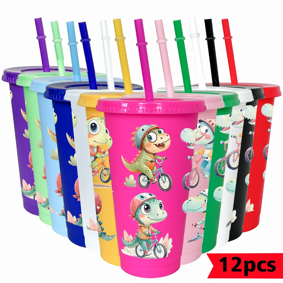 12pcs-set-dinosaur-bicycle-pattern-26oz-colored-plastic-party-cold-cup-back-to-school-birthday-gift-gameday-drinkware