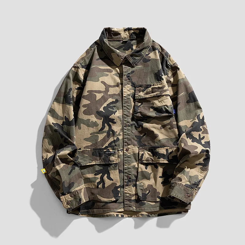Japanese Style  Men Camouflage Workwear Shirt Jacket Spring Autumn Loose Fit Casual Button Up Overshirt Jackets